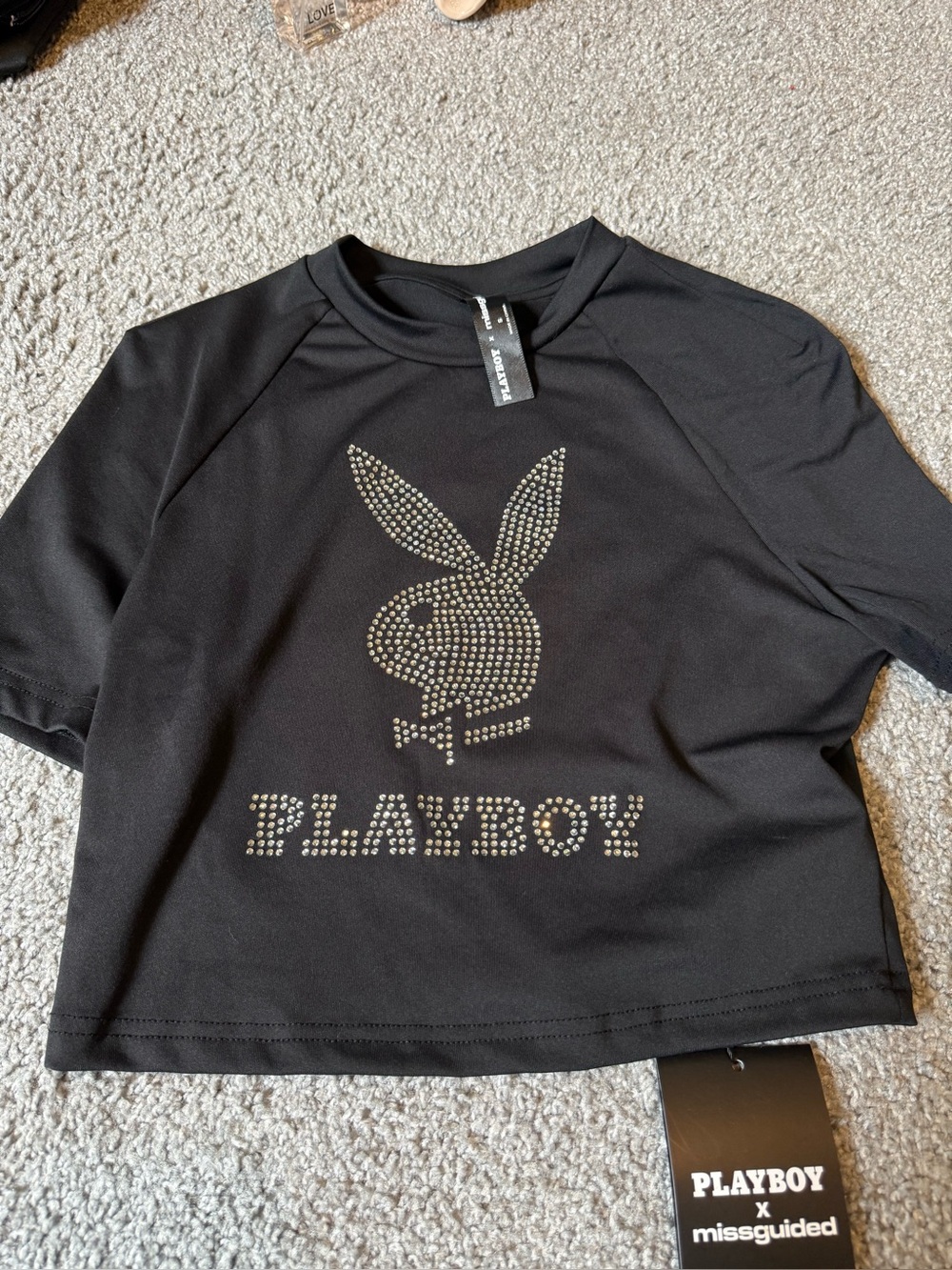 MissGuided x Playboy Rhinestone Embellished Crop Short Sleeve Graphic Tee Size S